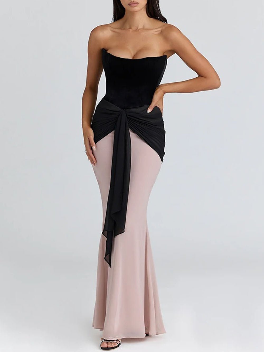 Pink Velvet Strapless Sweetheart Corset Waist Drape Mermaid Maxi Gown