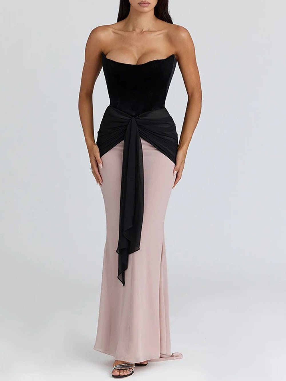 Pink Velvet Strapless Sweetheart Corset Waist Drape Mermaid Maxi Gown