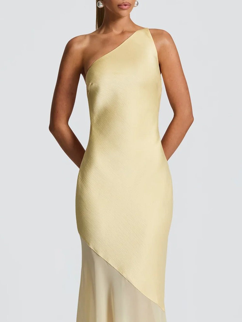 Yellow One Shoulder Diagonal Panel Chiffon Mermaid Maxi Gown