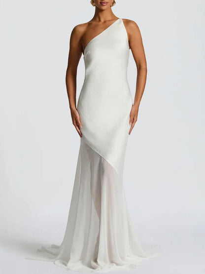 White One Shoulder Diagonal Panel Chiffon Mermaid Maxi Gown