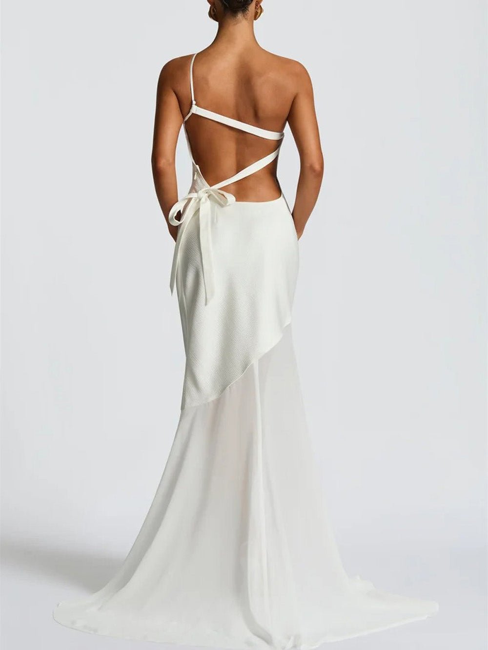 White One Shoulder Diagonal Panel Chiffon Mermaid Maxi Gown