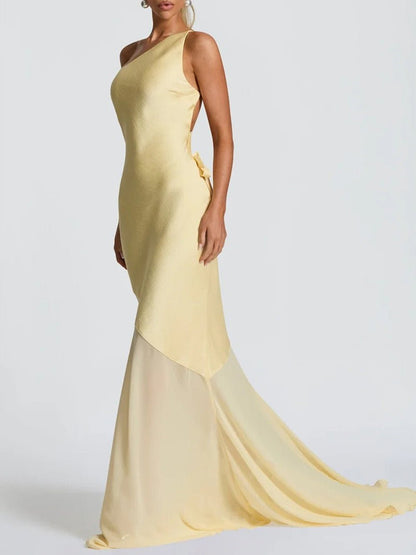 Yellow One Shoulder Diagonal Panel Chiffon Mermaid Maxi Gown