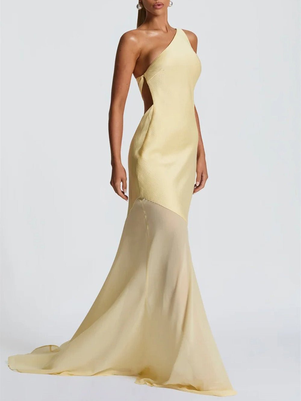Yellow One Shoulder Diagonal Panel Chiffon Mermaid Maxi Gown