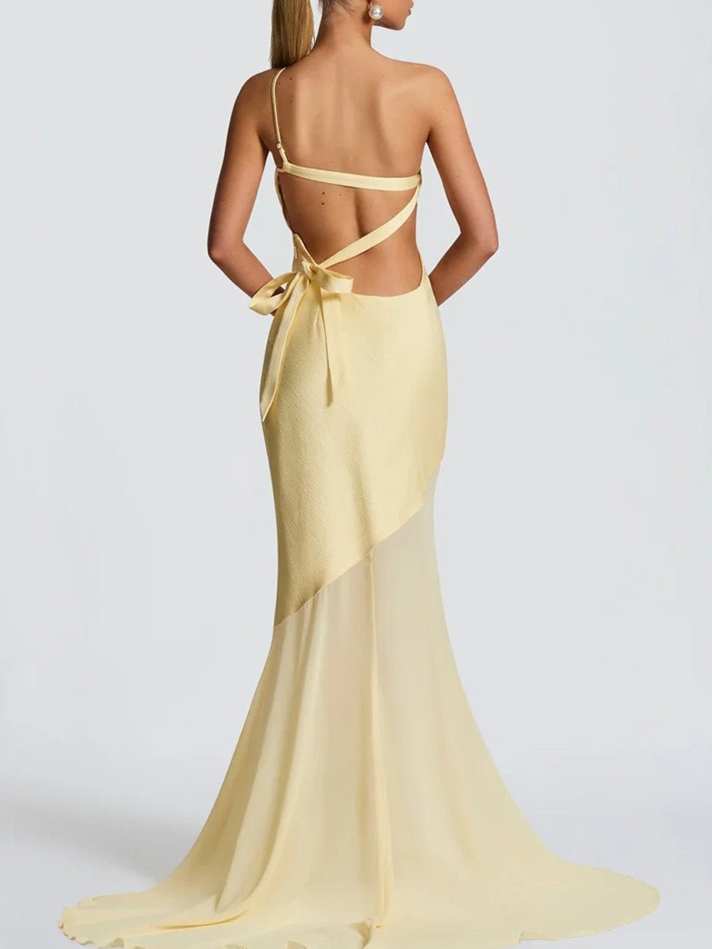 Yellow One Shoulder Diagonal Panel Chiffon Mermaid Maxi Gown