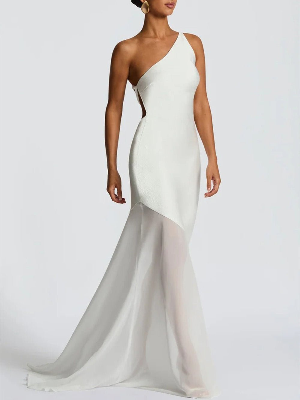 White One Shoulder Diagonal Panel Chiffon Mermaid Maxi Gown