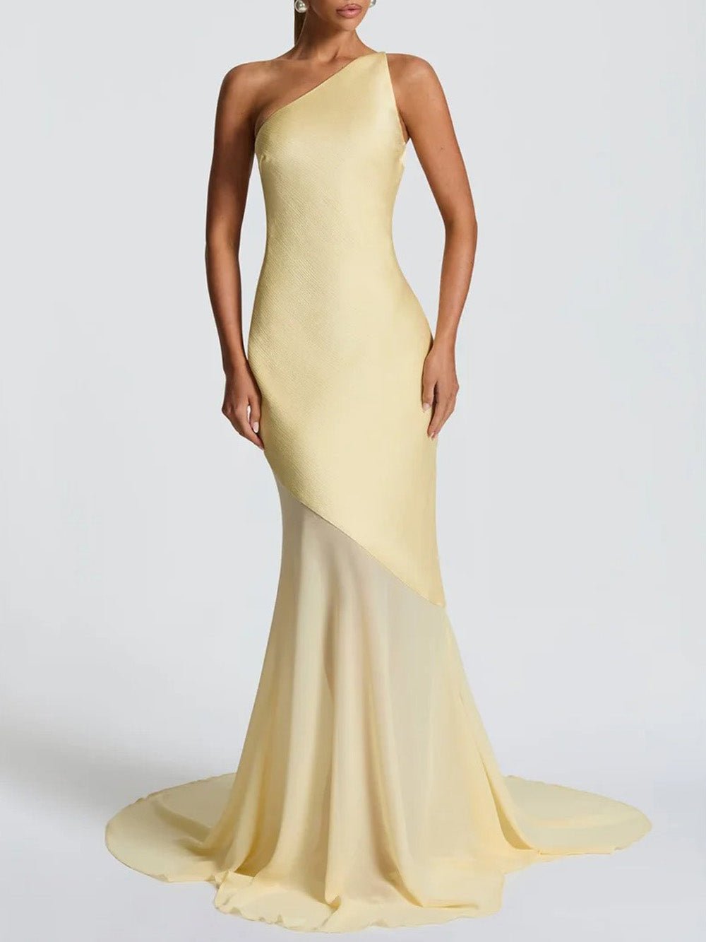 Yellow One Shoulder Diagonal Panel Chiffon Mermaid Maxi Gown