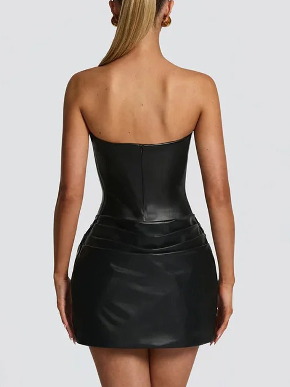 Black Faux Leather Strapless Corset Boning Ruched Drape Bodycon Mini Dress