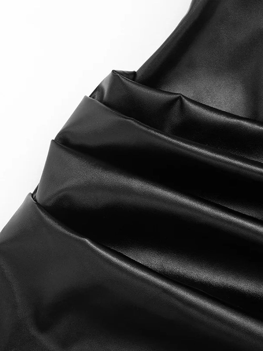 Black Faux Leather Strapless Corset Boning Ruched Drape Bodycon Mini Dress