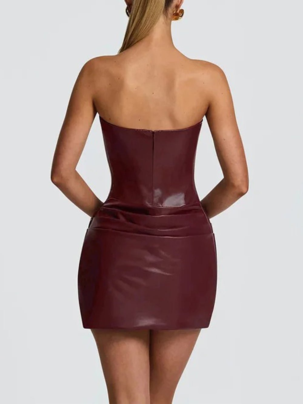 Red Faux Leather Strapless Corset Boning Ruched Drape Bodycon Mini Dress
