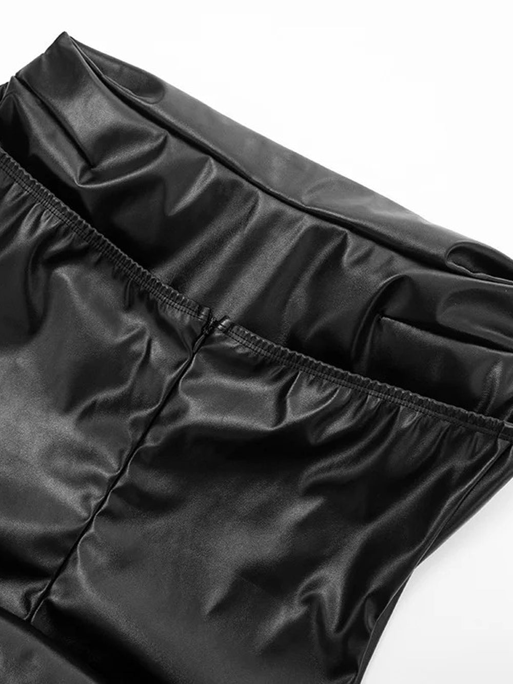 Black Faux Leather Strapless Corset Boning Ruched Drape Bodycon Mini Dress