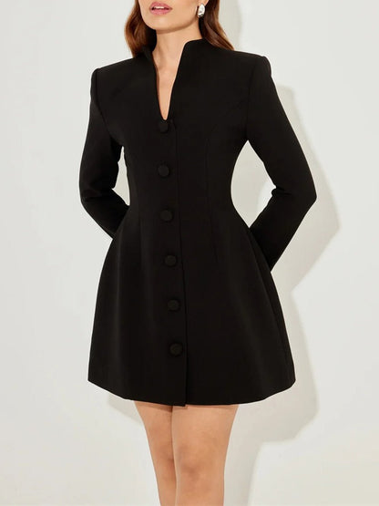 Black Stand Collar Deep V-Neck Button Front Fit and Flare Mini Dress