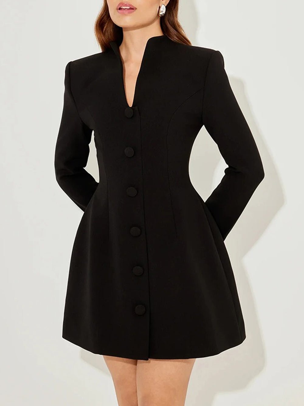 Black Stand Collar Deep V-Neck Button Front Fit and Flare Mini Dress