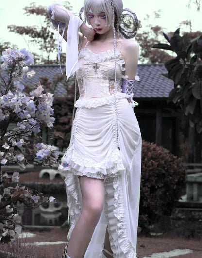 White Gothic Rope Lace Flying Sleeve Party Dress
