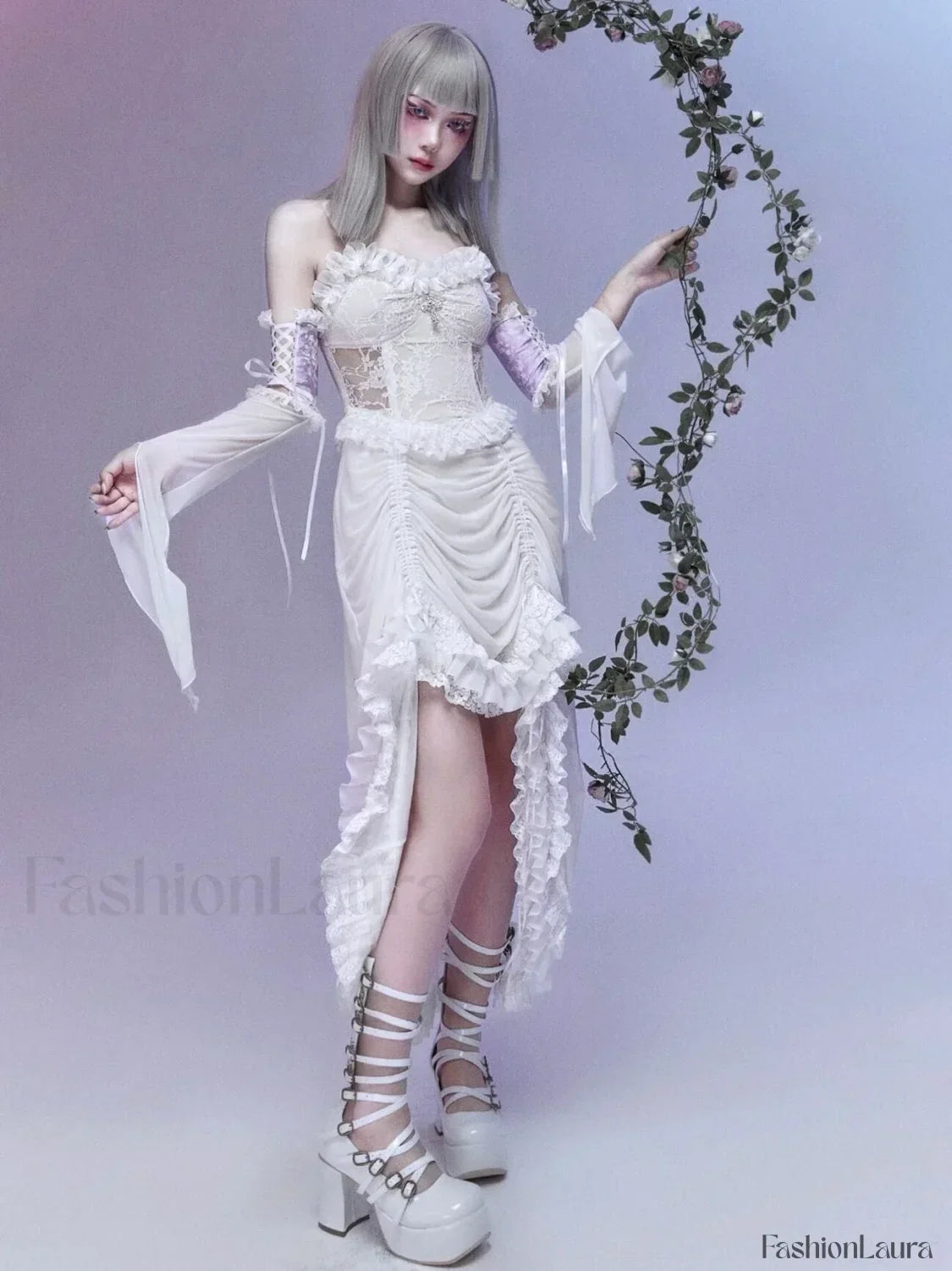White Gothic Rope Lace Flying Sleeve Party Dress