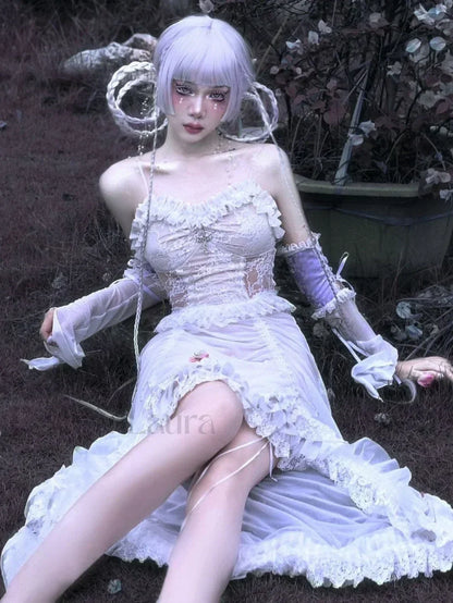 White Gothic Rope Lace Flying Sleeve Party Dress
