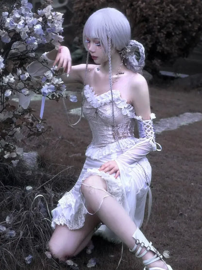 White Gothic Rope Lace Flying Sleeve Party Dress