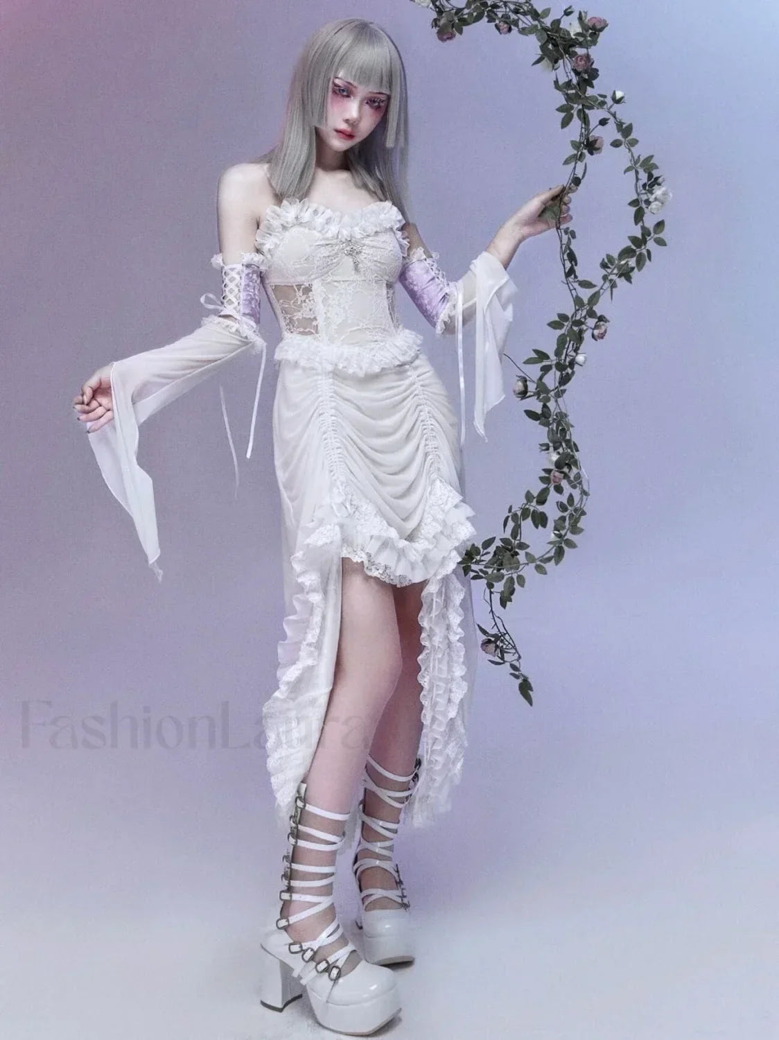 White Gothic Rope Lace Flying Sleeve Party Dress