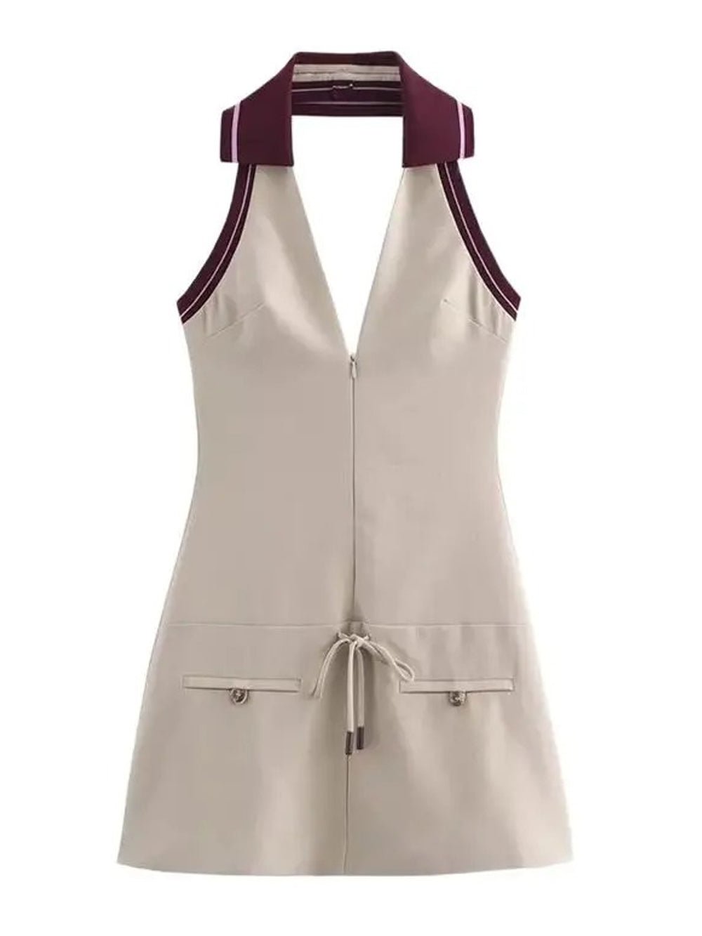 Gray Sleeveless Halter Collar Contrast Trim Zip Pocket Bodycon Mini Dress