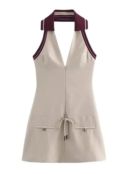Gray Sleeveless Halter Collar Contrast Trim Zip Pocket Bodycon Mini Dress