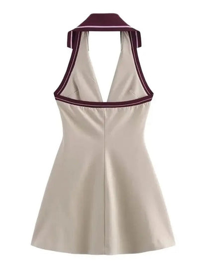 Gray Sleeveless Halter Collar Contrast Trim Zip Pocket Bodycon Mini Dress