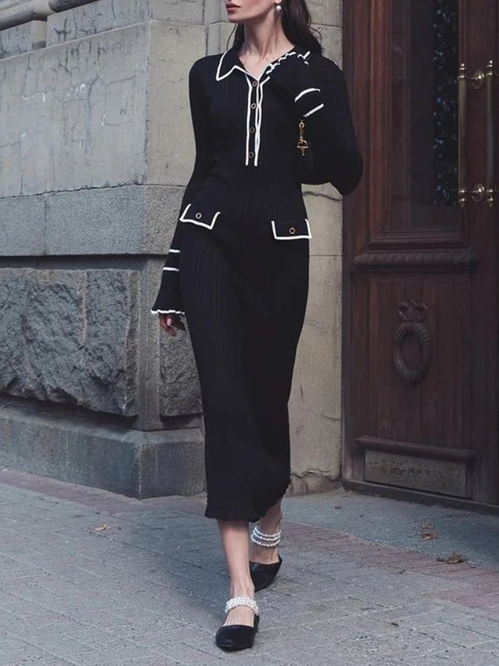 Knit Ribbed Polo Collar Contrast Trim Button Mock Pocket Midi Dress