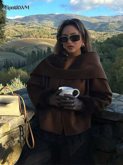 Women Brown Scarf Shawl Collar Short Wool Blends Coat Elegant Fashion Overcoats