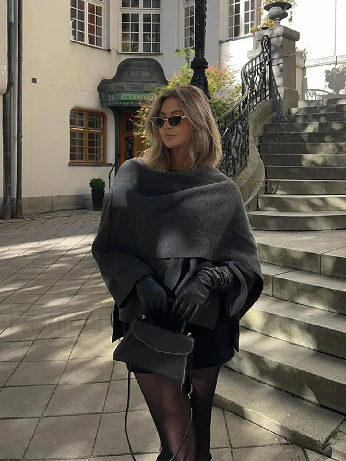 Women Brown Scarf Shawl Collar Short Wool Blends Coat Elegant Fashion Overcoats