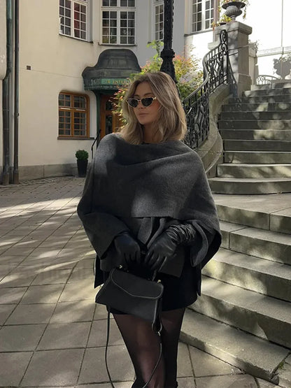 Women Brown Scarf Shawl Collar Short Wool Blends Coat Elegant Fashion Overcoats