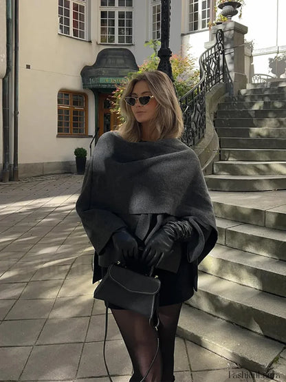 Women Brown Scarf Shawl Collar Short Wool Blends Coat Elegant Fashion Overcoats
