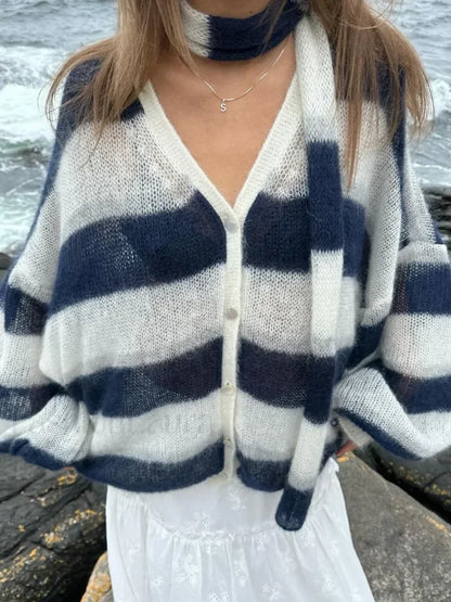 Women Fashion Contrast Striped Knitted Cardigan With Scarf Elegant V Neck Sweater