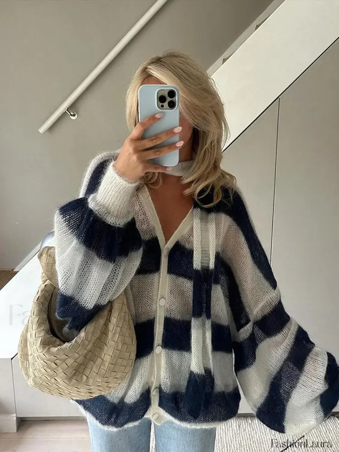 Women Fashion Contrast Striped Knitted Cardigan With Scarf Elegant V Neck Sweater