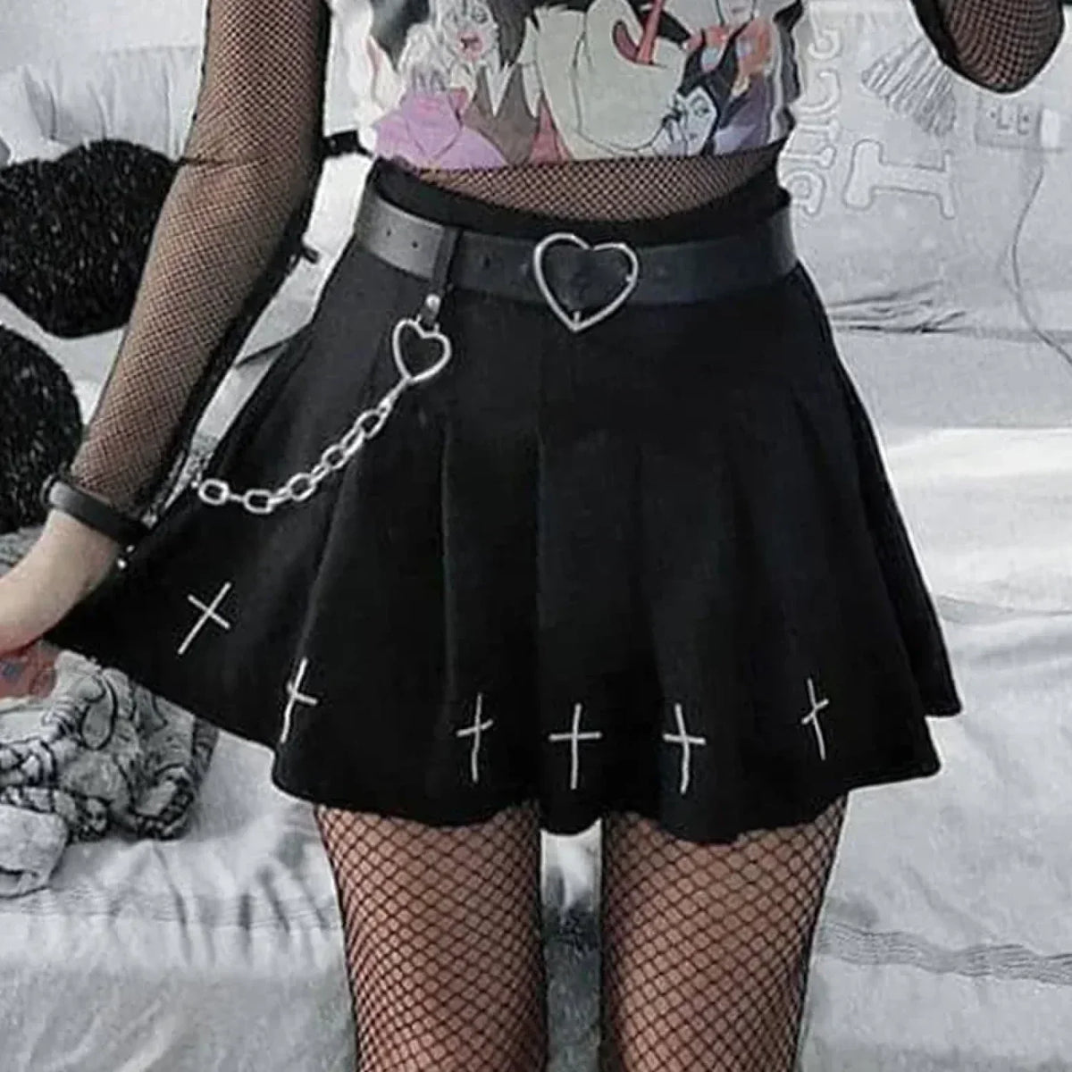 Women's High Waist Gothic Mini Cross Pattern Mini Pleated Dark Style Skirt