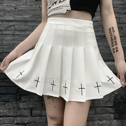 Women's High Waist Gothic Mini Cross Pattern Mini Pleated Dark Style Skirt
