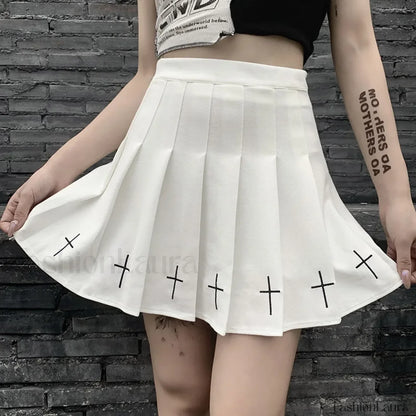 Women's High Waist Gothic Mini Cross Pattern Mini Pleated Dark Style Skirt
