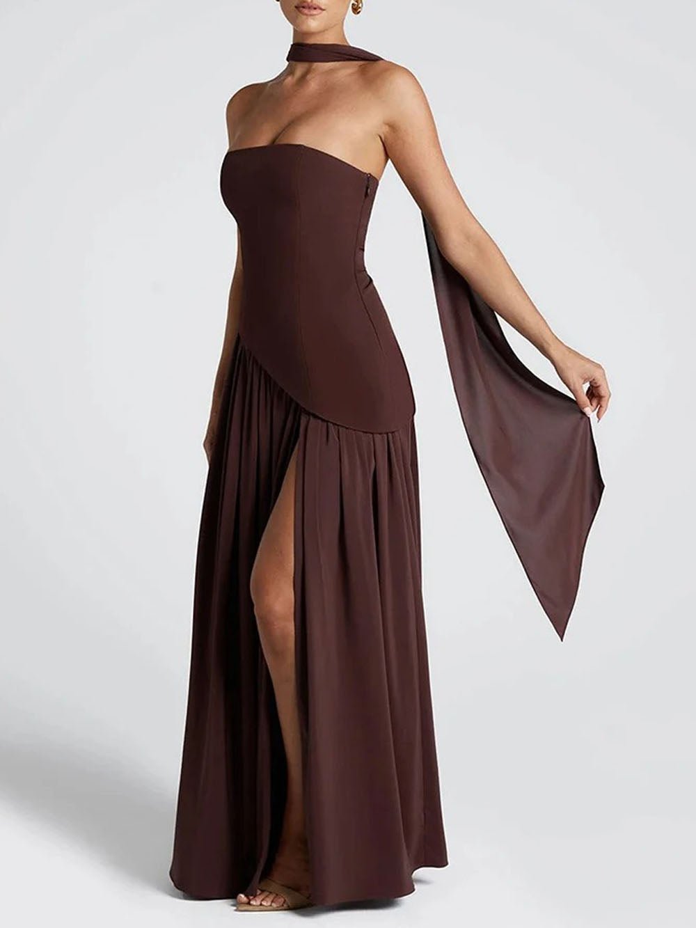 Strapless Neck Scarf Choker Draped Overlay High Split Maxi Dress