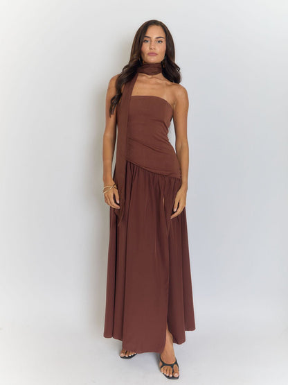 Strapless Neck Scarf Choker Draped Overlay High Split Maxi Dress