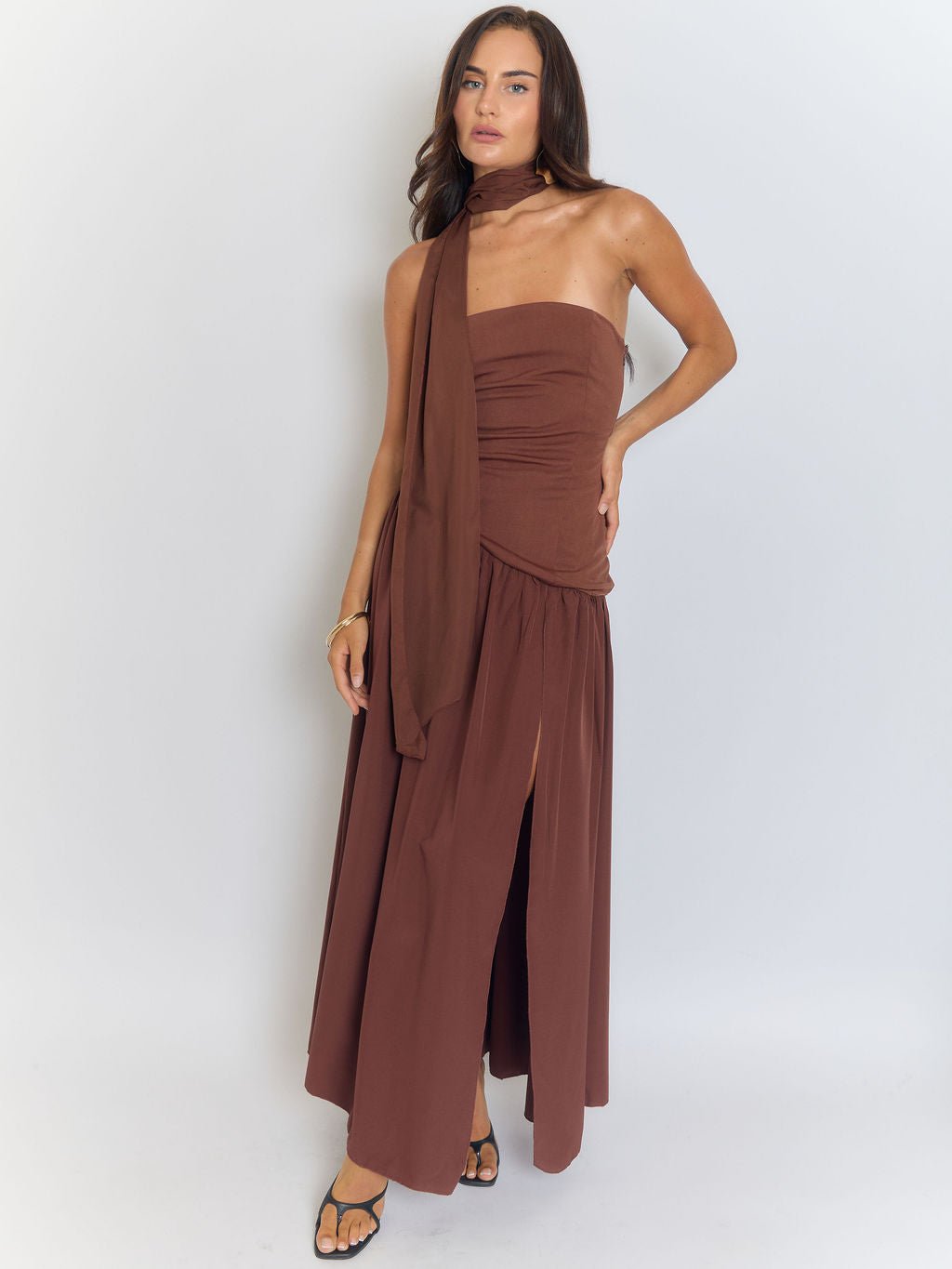 Strapless Neck Scarf Choker Draped Overlay High Split Maxi Dress