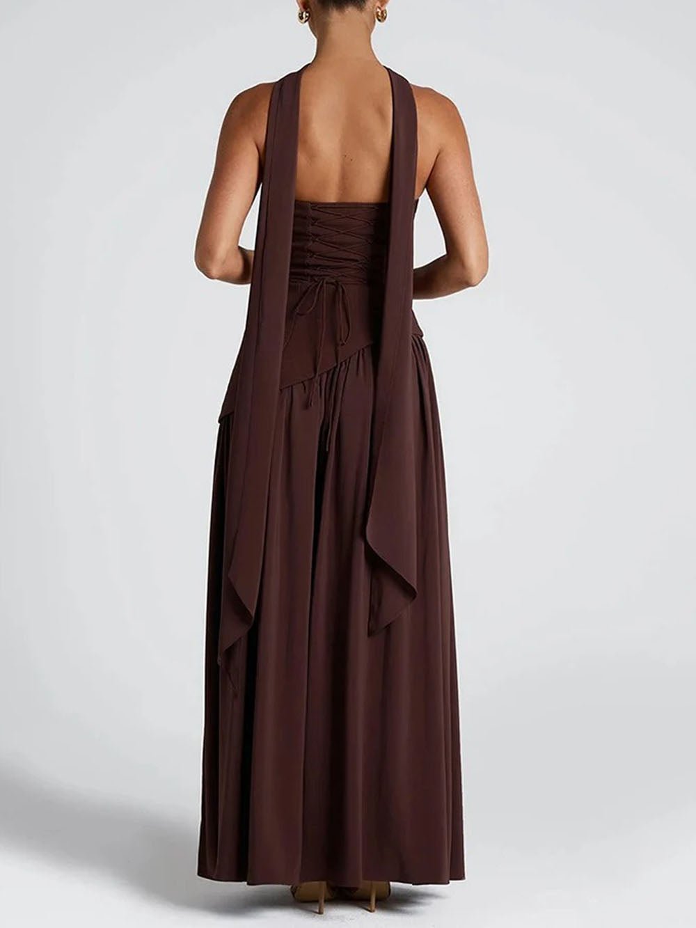 Strapless Neck Scarf Choker Draped Overlay High Split Maxi Dress