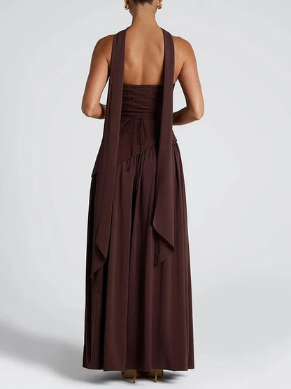 Strapless Neck Scarf Choker Draped Overlay High Split Maxi Dress