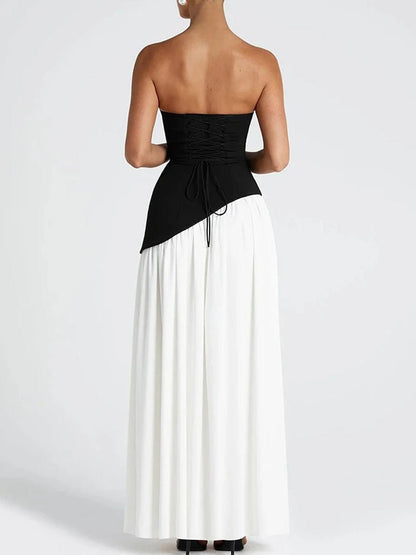 Strapless Neck Scarf Choker Draped Overlay High Split Maxi Dress