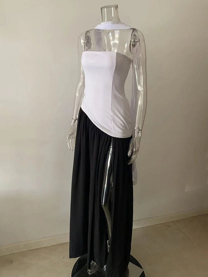 Strapless Neck Scarf Choker Draped Overlay High Split Maxi Dress