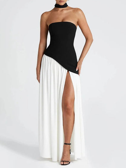Strapless Neck Scarf Choker Draped Overlay High Split Maxi Dress
