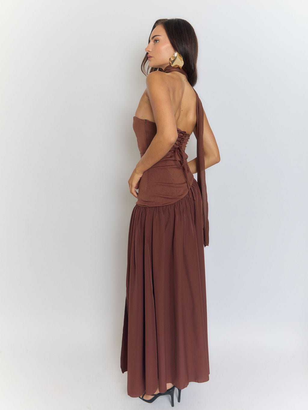 Strapless Neck Scarf Choker Draped Overlay High Split Maxi Dress