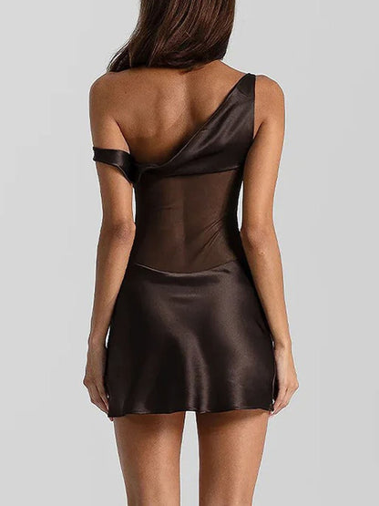 One Shoulder Mesh Corset Panel Satin Bodycon Mini Dress