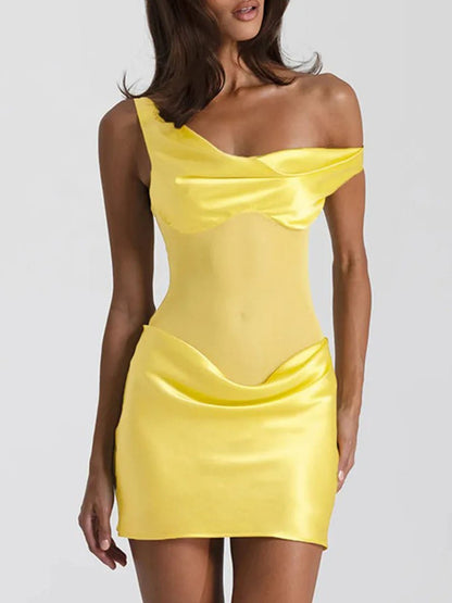 One Shoulder Mesh Corset Panel Satin Bodycon Mini Dress