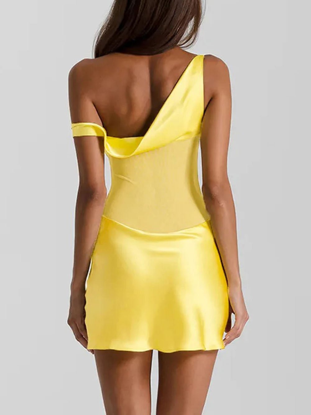 One Shoulder Mesh Corset Panel Satin Bodycon Mini Dress