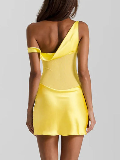 One Shoulder Mesh Corset Panel Satin Bodycon Mini Dress