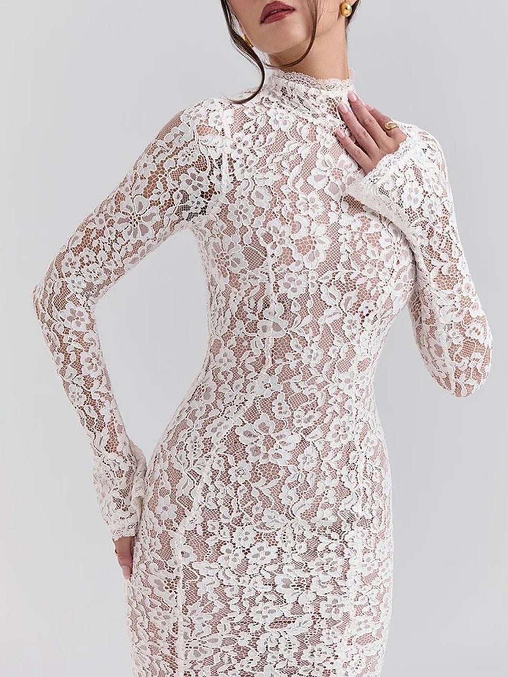 White Lace Mock Neck Bell Sleeve Bodycon Flared Ruffle Hem Midi Dress