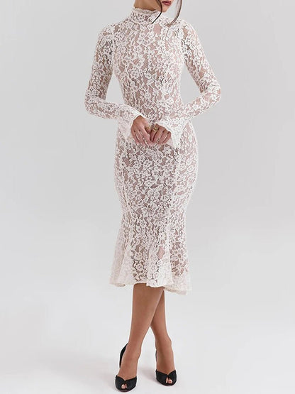 White Lace Mock Neck Bell Sleeve Bodycon Flared Ruffle Hem Midi Dress