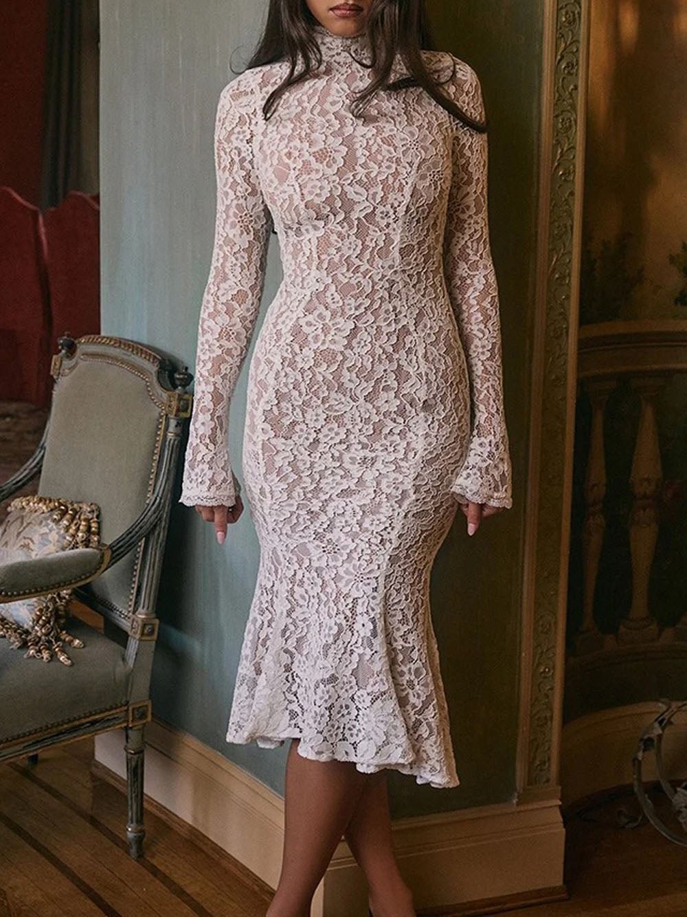 White Lace Mock Neck Bell Sleeve Bodycon Flared Ruffle Hem Midi Dress